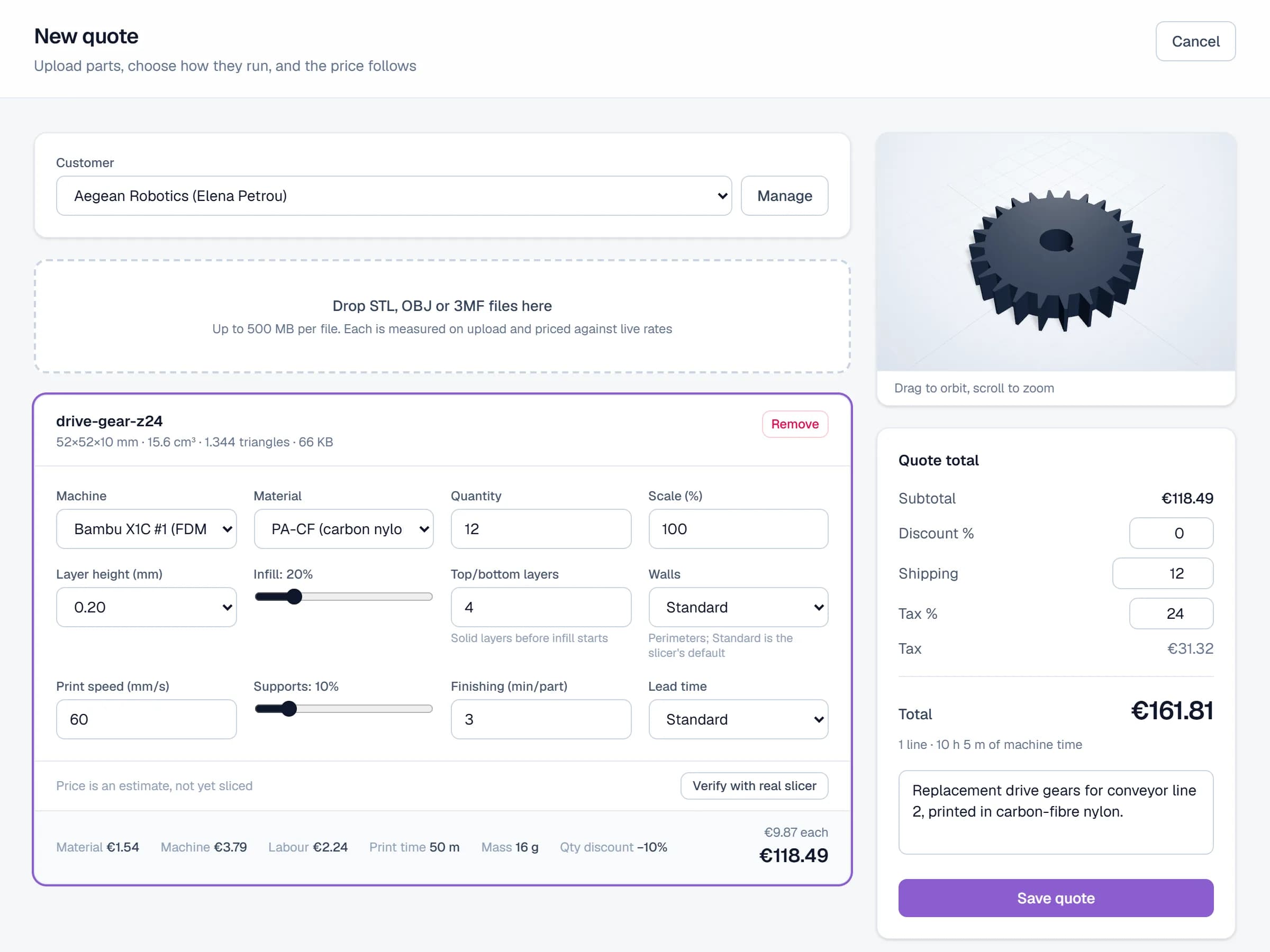The Shr3Dt quote builder pricing twelve carbon-fibre nylon drive gears, with a 3D preview of the gear and the cost broken into material, machine time and labour.